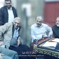 A group of former senior Hamas officials, including Yahya Sinwar, Mohammed Sinwar, Ismail Haniyeh and Muhammed Deif, all of whom have since been killed by Israel, are seen in a new propaganda video released by Hamas on August 30, 2025. (Screenshot: X, used in accordance with Clause 27a of the Copyright Law)