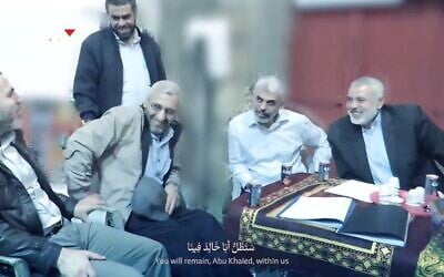 A group of former senior Hamas officials, including (seated from left) Muhammad Sinwar, Muhammad Deif, Yahya Sinwar and Ismail Haniyeh, all of whom have since been killed by Israel, are seen in a propaganda video released by Hamas on August 30, 2025. (Screenshot: X, used in accordance with Clause 27a of the Copyright Law)
