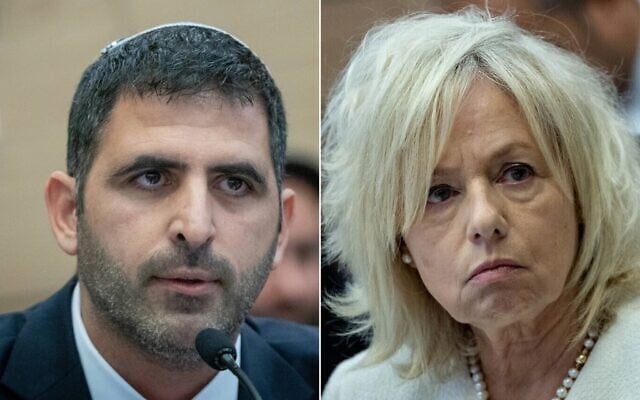 L: Communications Minister Shlomo Karhi at the Knesset in Jerusalem, on December 18, 2024. (Chaim Goldberg/Flash90); R: Attorney General Gali Baharav-Miara at the Knesset in Jerusalem, on November 18, 2024. (Yonatan Sindel/Flash90)