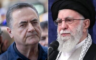 L: Defense Minister Israel Katz speaks to press at the site of where a missile fired from Iran hit in the central city of Holon, on June 19, 2025; R: Iran's Supreme Leader Ayatollah Ali Khamenei addresses the crowd during a meeting with the head of the judiciary and other officials in Tehran on July 16, 2025. (KHAMENEI.IR / AFP)