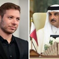 Yair Netanyahu and Qatari Emir Tamim Bin Hamad al Thani (Avshalom Sassoni/Flash90 and Hadi Mizban/Pool/AFP)