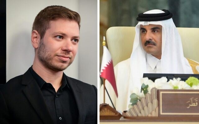 Yair Netanyahu and Qatari Emir Tamim Bin Hamad al Thani (Avshalom Sassoni/Flash90 and Hadi Mizban/Pool/AFP)