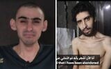 Still images of hostages Ram Braslavski (left) and Evyatar David from Hamas propaganda videos, cleared for publication by their families in August 2025. (Composite screenshot)