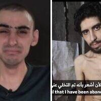 Still images of hostages Ram Braslavski (left) and Evyatar David from Hamas propaganda videos, cleared for publication by their families in August 2025. (Composite screenshot)
