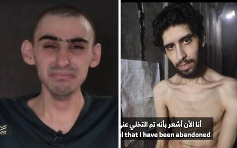 Still images of hostages Ram Braslavski (left) and Evyatar David from Hamas propaganda videos, cleared for publication by their families in August 2025. (Composite screenshot)