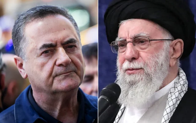 L: Defense Minister Israel Katz speaks to press at the site of where a missile fired from Iran hit in the central city of Holon, on June 19, 2025; R: Iran's Supreme Leader Ayatollah Ali Khamenei addresses the crowd during a meeting with the head of the judiciary and other officials in Tehran on July 16, 2025. (KHAMENEI.IR / AFP) L: Defense Minister Israel Katz speaks to press at the site of where a missile fired from Iran hit in the central city of Holon, on June 19, 2025; R: Iran's Supreme Leader Ayatollah Ali Khamenei addresses the crowd during a meeting with the head of the judiciary and other officials in Tehran on July 16, 2025. (KHAMENEI.IR / AFP)