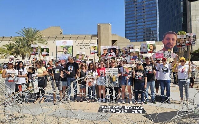 Hostage families erect a barbed wire camp in Hostages Square in Tel Aviv to draw attention to the plight of their loved ones on August 2, 2025 (Paulina Patimer/ Hostage Family Forum)