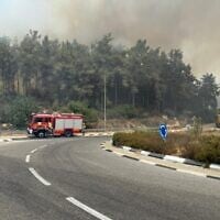 A fire engine arrives at the scene of a fire in the Judean Hills around Jerusalem, on August 12, 2025. (Courtesy/Fire and Rescue Service)