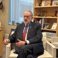 US Ambassador to Israel Mike Huckabee speaks to The Times of Israel, August 12, 2025. (Courtesy)