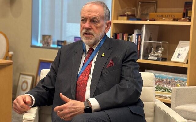 US Ambassador to Israel Mike Huckabee speaks to The Times of Israel, August 12, 2025. (Courtesy)