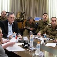 Defense Minister Israel Katz, IDF Chief of Staff Lt. Gen. Eyal Zamir and other military and defense officials meet at Katz's office in Tel Aviv, August 14, 2025. (Shira Keinan/Defense Ministry)