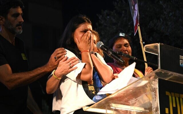 Pushpa Joshi, whose brother Bipin is held hostage in Gaza, speaks in Hostages Square, August 16, 2025. (Uriel Even Sapir / Hostages Families Forum)
