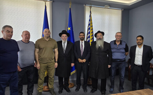 Ashkenazi Chief Rabbi Kalman Ber and Shas MK Michael Malchieli (center) meet with Governor of Dnipropetrovsk Oblast Serhii Petrovych Lysak (third from the left) in Dnipro in August 2025. (Courtesy)