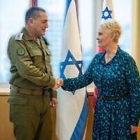 A handout photo partially blurred by the military shows IDF Chief of Staff Lt. Gen. Eyal Zamir, left, meeting with UN World Food Program executive director Cindy McCain in Tel Aviv on August 27, 2025. (Israel Defense Forces)