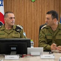 IDF Chief of Staff Lt. Gen. Eyal Zamir (left) and Southern Command chief Maj. Gen. Yaniv Asor are seen during an assessment at an army base in southern Israel, August 8, 2025. (Israel Defense Forces)