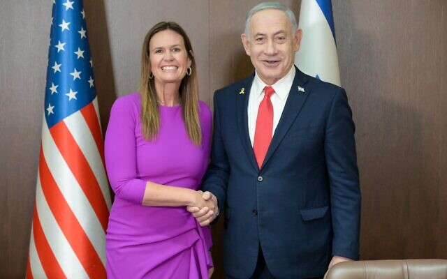 Prime Minister Benjamin Netanyahu meets with US Governor of Arkansas, Sarah Huckabee-Sanders, during her visit to Israel, on August 6, 2025. (Maayan Toaf/GPO) Prime Minister Benjamin Netanyahu meets with US Governor of Arkansas, Sarah Huckabee-Sanders, during her visit to Israel, on August 6, 2025. (Maayan Toaf/GPO)