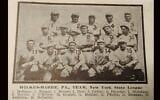Monte Pfeiffer is No. 12, second from left on the bottom row in a photograph of the Wilkes-Barre (Pennsylvania) Coal Barons. The Jewish shortstop had a breakthrough year for the minor league team in 1913. (Courtesy Zak Kranc via JTA)