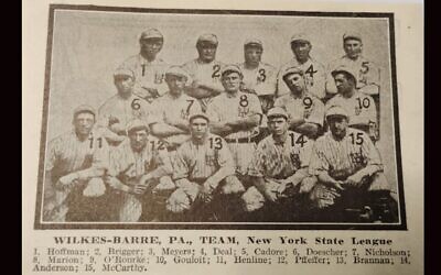 Monte Pfeiffer is No. 12, second from left on the bottom row in a photograph of the Wilkes-Barre (Pennsylvania) Coal Barons. The Jewish shortstop had a breakthrough year for the minor league team in 1913. (Courtesy Zak Kranc via JTA)