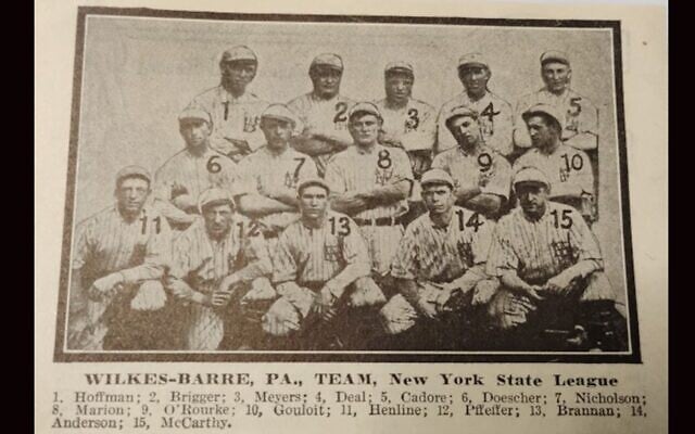Monte Pfeiffer is No. 12, second from left on the bottom row in a photograph of the Wilkes-Barre (Pennsylvania) Coal Barons. The Jewish shortstop had a breakthrough year for the minor league team in 1913. (Courtesy Zak Kranc via JTA)