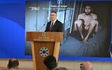 Foreign Minister Gideon Sa'ar, standing in front of an image of hostage Evyatar David, announces that he will visit New York for a UN Security Council session on the Gaza hostages, on August 4, 2025. (Shlomi Amsalem/GPO)