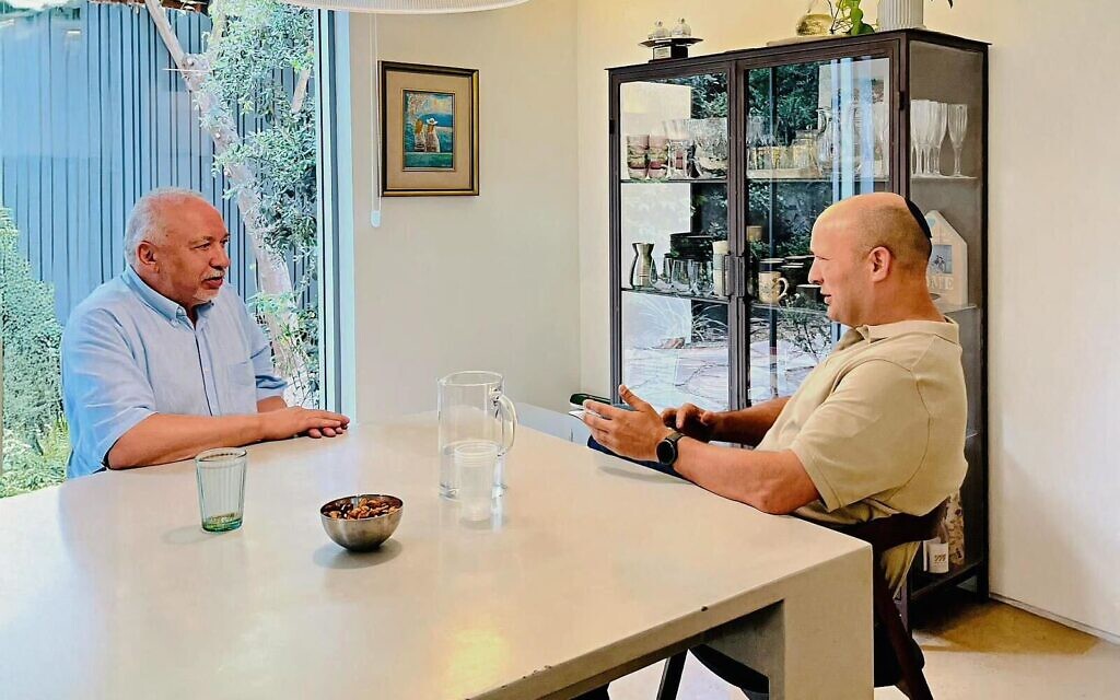 Former prime minister Naftali Bennett (R) and Yisrael Beytenu chairman Avigdor Liberman (L) meet on August 27, 2025 (Courtesy via Liberman's office)