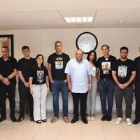 Histadrut labor union chairman Arnon Bar-David (middle) meets with senior representatives of the business sector and representatives of the families of hostages, August 11, 2025. (Courtesy)