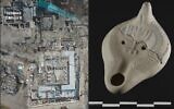 In July 2025, a group of Spanish scholars suggested that a 4th-century building in the Roman city of Cástulo in south-central Spain served as a synagogue and not as a church as previously believed. Right: An aerial view of the archaeological site. Left: The reconstruction of an oil lamp featuring a menorah found in the vicinity of the building. (Courtesy of Bautista Ceprián)
