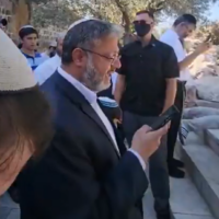 National Security Minister Itamar Ben Gvir leads a Jewish prayer service on the flashpoint Temple Mount in Jerusalem's Old City, August 3, 2025. (X video screenshot:  used in accordance with Clause 27a of the Copyright Law)
