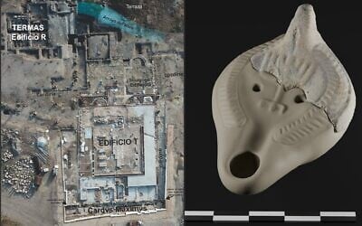 In July 2025, a group of Spanish scholars suggested that a 4th-century building in the Roman city of Cástulo in south-central Spain served as a synagogue and not as a church as previously believed. Right: An aerial view of the archaeological site. Left: The reconstruction of an oil lamp featuring a menorah found in the vicinity of the building. (Courtesy of Bautista Ceprián)