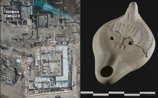 In July 2025, a group of Spanish scholars suggested that a 4th-century building in the Roman city of Cástulo in south-central Spain served as a synagogue and not as a church as previously believed. Right: An aerial view of the archaeological site. Left: The reconstruction of an oil lamp featuring a menorah found in the vicinity of the building. (Courtesy of Bautista Ceprián)