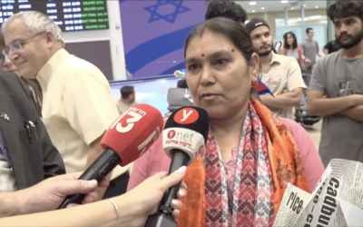 Padma Joshi, whose son Bipin Joshi is held hostage in the Gaza Strip, speaks to reporters after arriving at Ben Gurion Airport near Tel Aviv, on August 11, 2025. (Screen capture via Ynet)