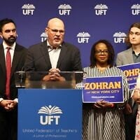 UFT president Michael Mulgrew speaks alongside New York mayoral candidate Zohran Mamdani during a press conference announcing UFT's endorsement of Mamdani at the UFT headquarters on July 9, 2025, in New York City. (Michael M. Santiago/Getty Images via JTA)