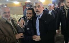 Al Jazeera reporter Anas al-Sharif (center left), who was killed by the IDF in Gaza on August 10, 2025, shown together with the late Hamas leader Yahya Sinwar in an undated photographed posted by the IDF's Arabic language spokesman on August 11, 2025.