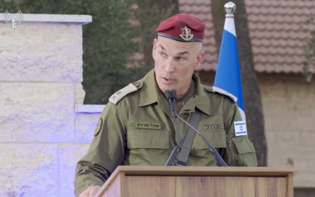 Outgoing chief of the Northern Command Maj. Gen. Ori Gordin speaks at a handover ceremony, August 13, 2025. (Israel Defense Forces) Outgoing chief of the Northern Command Maj. Gen. Ori Gordin speaks at a handover ceremony, August 13, 2025. (Israel Defense Forces)