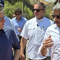 Mike Johnson, left, and Yair Chetboun tour the settlement of Ariel on August 4, 2025. (Courtesy, Ariel Municipal Authority)