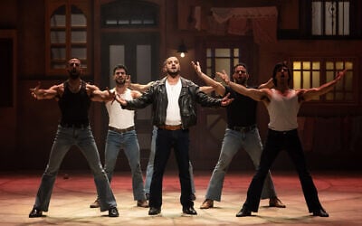 Elad Levi, center, stars in 'Kazablan,' at Tel Aviv's Ganei Yehoshua on September 4, 2025 (Credit: Maayan Kaufman)