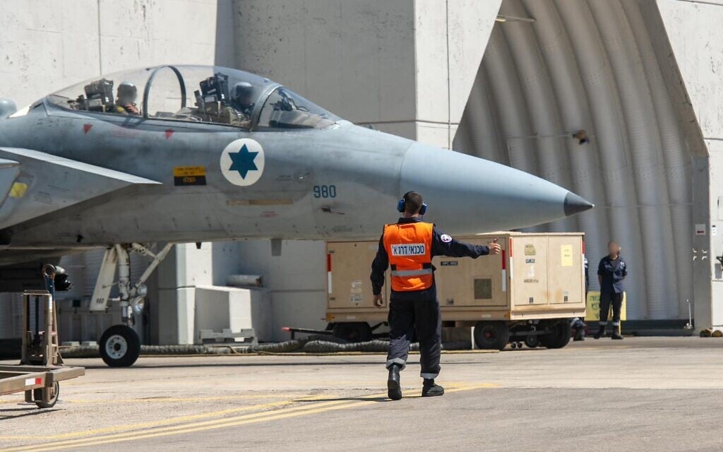 An Israeli Air Force fighter jet prepares for takeoff for airstrikes against the Houthis in Yemen, September 10, 2025. (Israel Defense Forces)