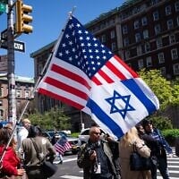 A pro-Israel protester outside Columbia University in Manhattan, April 22, 2024. (Luke Tress)