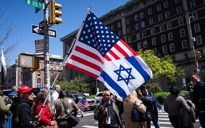 A pro-Israel protester outside Columbia University in Manhattan, April 22, 2024. (Luke Tress) A pro-Israel protester outside Columbia University in Manhattan, April 22, 2024. (Luke Tress)