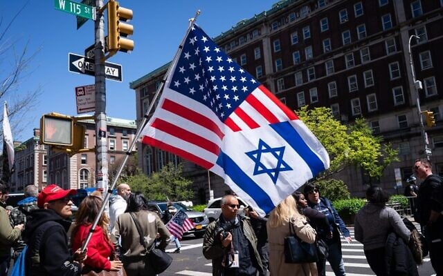 A pro-Israel protester outside Columbia University in Manhattan, April 22, 2024. (Luke Tress) A pro-Israel protester outside Columbia University in Manhattan, April 22, 2024. (Luke Tress)