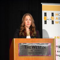 Former Hamas hostage Naama Levy speaks in New York City, September 19, 2025. (Luke Tress/Times of Israel)