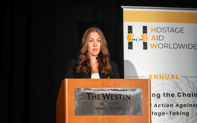Former Hamas hostage Naama Levy speaks in New York City, September 19, 2025. (Luke Tress/Times of Israel)