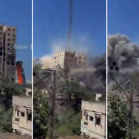A high-rise building is struck by the IDF in Gaza City, September 6, 2025. (X video screenshot: used in accordance with Clause 27a of the Copyright Law)