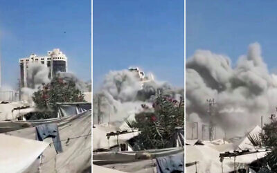 A high-rise in Gaza City is destroyed by an Israeli strike, September 8, 2025. (X screenshot: used in accordance with Clause 27a of the Copyright Law)