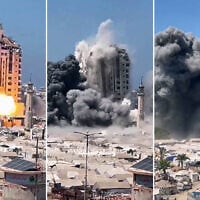 The Mushtaha Tower in Gaza City collapses from Israeli strikes on September 5, 2025, amid the war between Israel and the Hamas terror group. (X; used in accordance with Clause 27a of the Copyright Law)