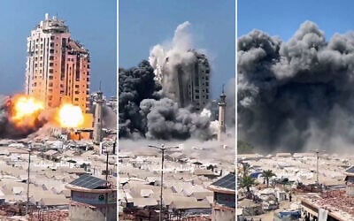The Mushtaha Tower in Gaza City collapses from Israeli strikes on September 5, 2025, amid the war between Israel and the Hamas terror group. (X; used in accordance with Clause 27a of the Copyright Law) The Mushtaha Tower in Gaza City collapses from Israeli strikes on September 5, 2025, amid the war between Israel and the Hamas terror group. (X; used in accordance with Clause 27a of the Copyright Law)