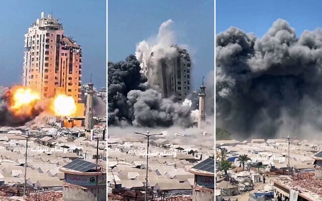 The Mushtaha Tower in Gaza City collapses from Israeli strikes on September 5, 2025, amid the war between Israel and the Hamas terror group. (X; used in accordance with Clause 27a of the Copyright Law)