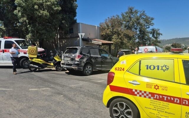 Emergency vehicles arrive at the scene of a stabbing attack at Kibbutz Tuzba, west of Jerusalem, on September 12, 2025. (Magen David Adom)