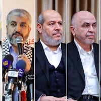 A composite image of five members of Hamas's leadership targeted by Israel in Qatar on September 9, 2025, L-R: Zaher Jabarin, Khaled Mashaal, Khalil al-Hayya, Muhammad Ismail Darwish, Nizar Awadallah. (Mahmud Hams/Louai Beshara/KHAMENEI.IR/AFP)