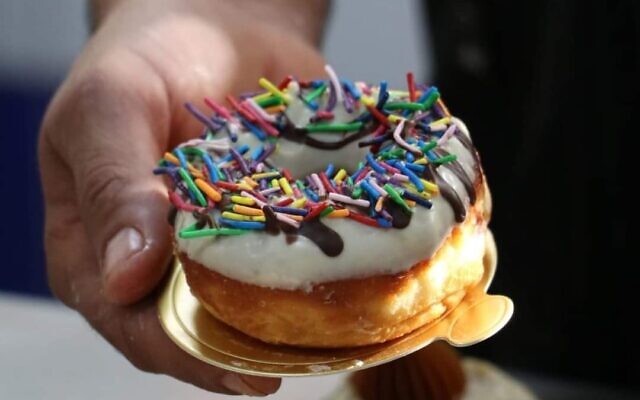 One of chef Yaki Sagi's Hanukkah frosted sufganiyot from his Kibbutz Be'eri Lalush bakery, before October 7, 2023 (Courtesy)